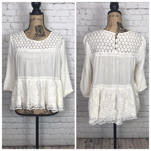 Jolt Tops - Jolt Ivory Lace Babydoll Ruffle Peplum Blouse Sz L